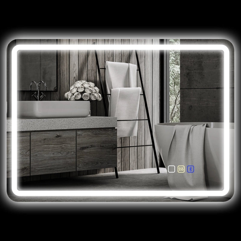 Specchio da bagno LED con Bluetooth; funzione antiappannamento; touch e memoria; vetro temperato; argento