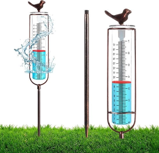 Misuratore di Pioggia con Vaschetta di Vetro 178cm - Metallo e Decorazione per Uccelli - Rimovibile - Misuratori di Pioggia per Giardino Recinzione Ingresso Porta