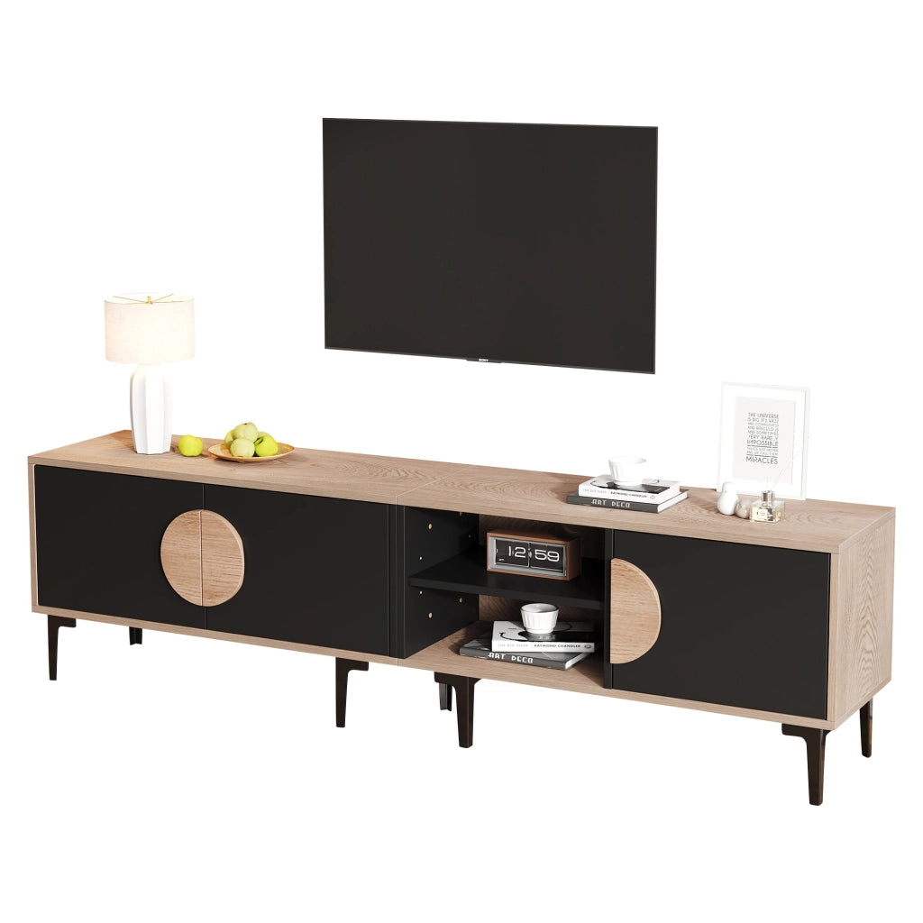 Mobile TV 180x35x49 cm con 3 ante e vani aperti; rovere e nero per TV fino a 80 pollici