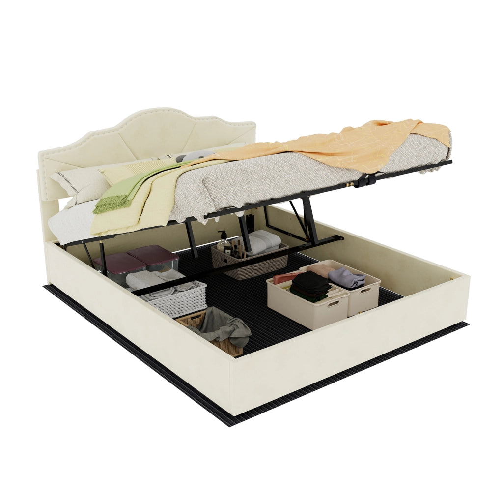 Letto moderno minimalista 160x200 cm beige con testiera imbottita e struttura contenitore con pistone pneumatico, materasso incluso