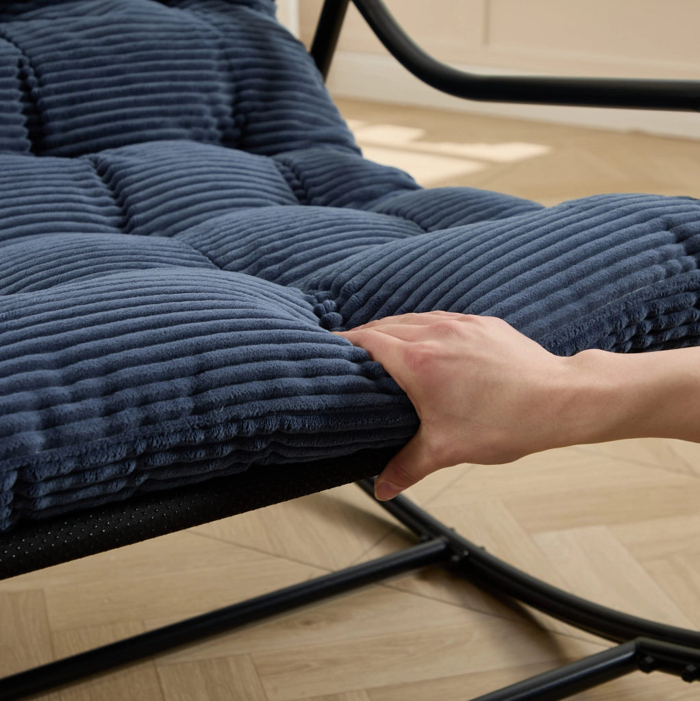 Sedia a Dondolo da Esterno con Cuscino Spesso e Morbido, Telaio Nero e Cuscino Blu Navy, 75x116x82 cm