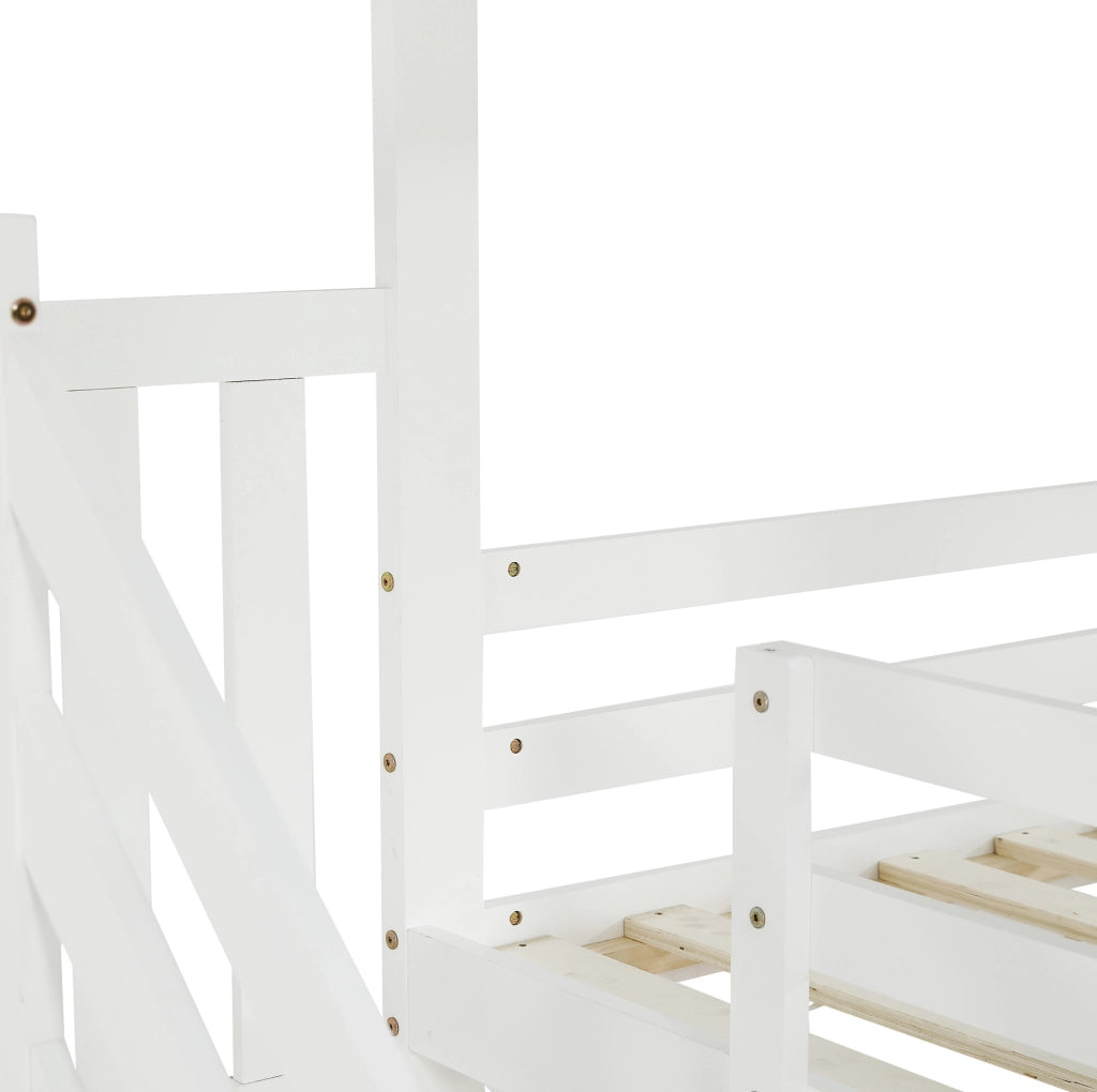 Letto a castello 90x200 cm con scala contenitore in pino e MDF bianco e grigio