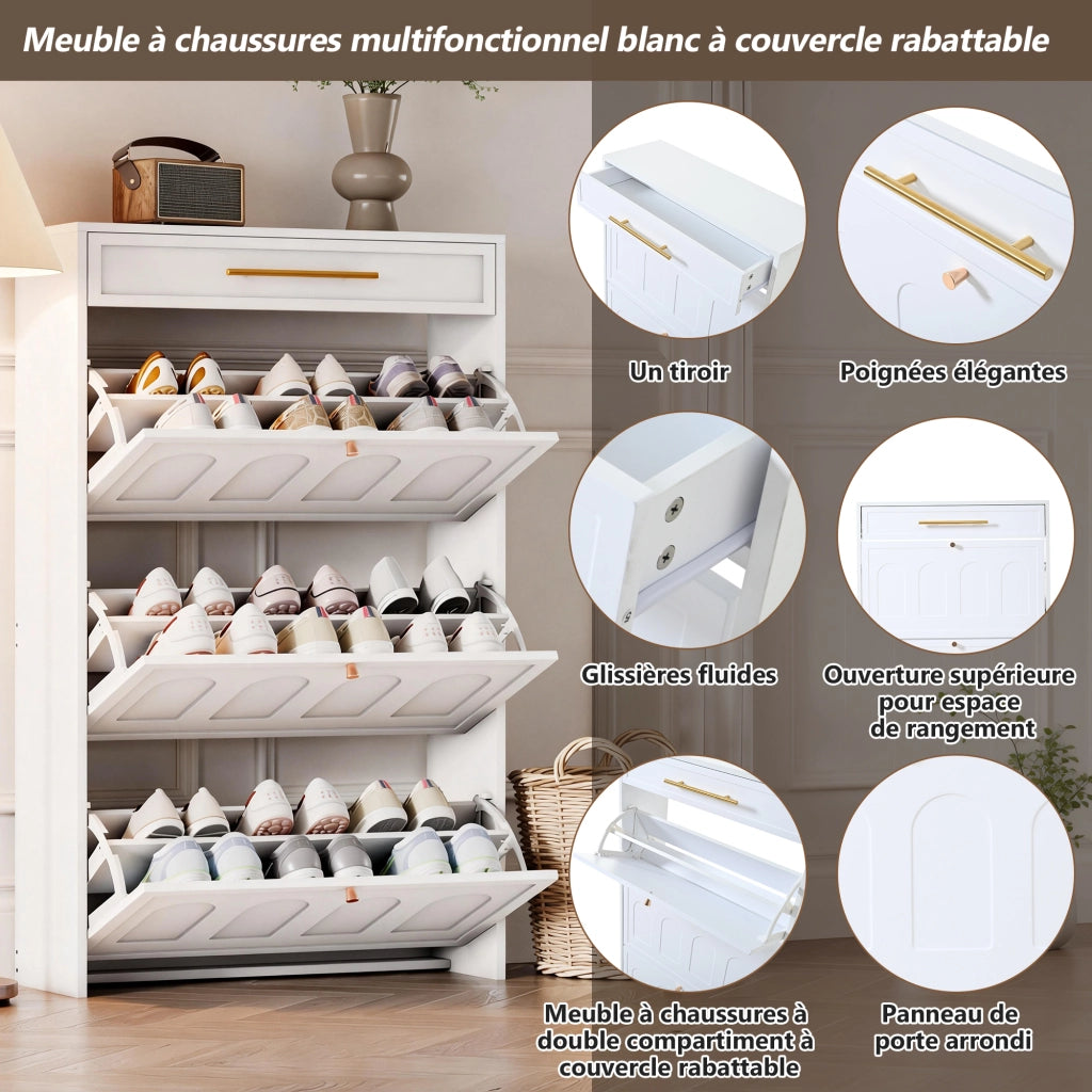 Scarpiera con 6 vani aperti e 1 cassetto salvaspazio per ingresso e ufficio, in MDF bianco, 70 × 25 × 123.5 cm