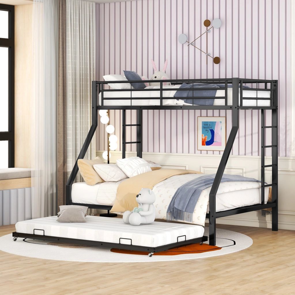 Letto a castello in metallo 90 (140) x 200 cm con letto estraibile e scala su entrambi i lati, per bambini e adulti - Nero