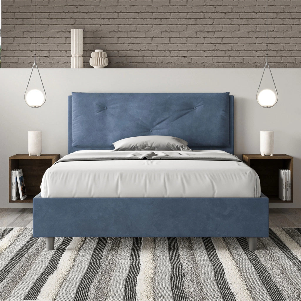 BS COM Letto matrimoniale francese con rete imbottito 140x200 microfibra blu Large
