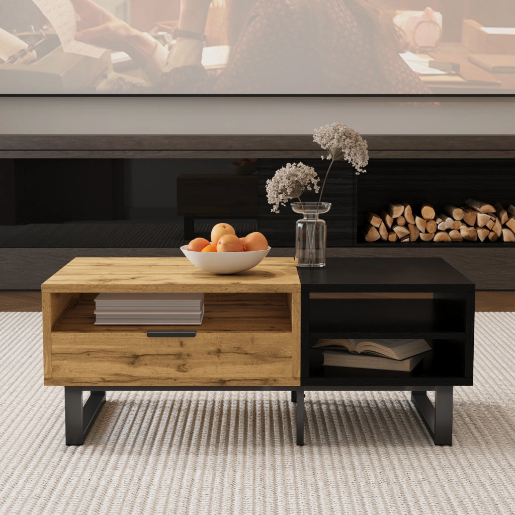 Tavolino da caffè con 3 vani aperti e cassetto 100x50x40 cm; truciolare effetto legno e nero