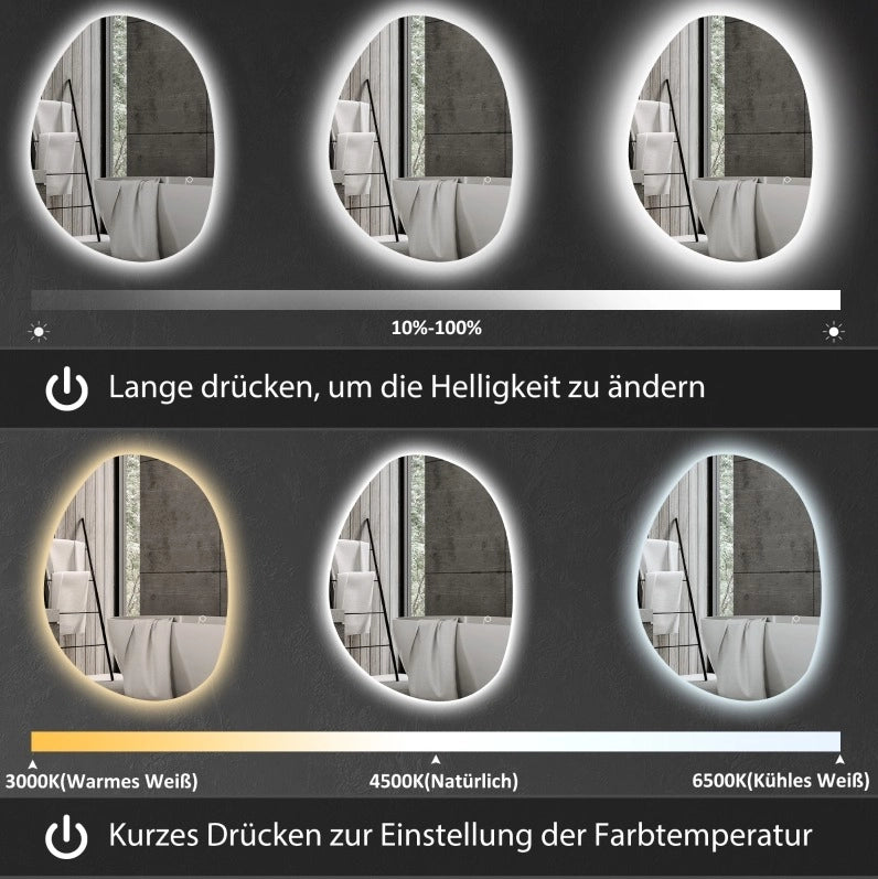 Specchio bagno asimmetrico LED con antiappannamento, argento