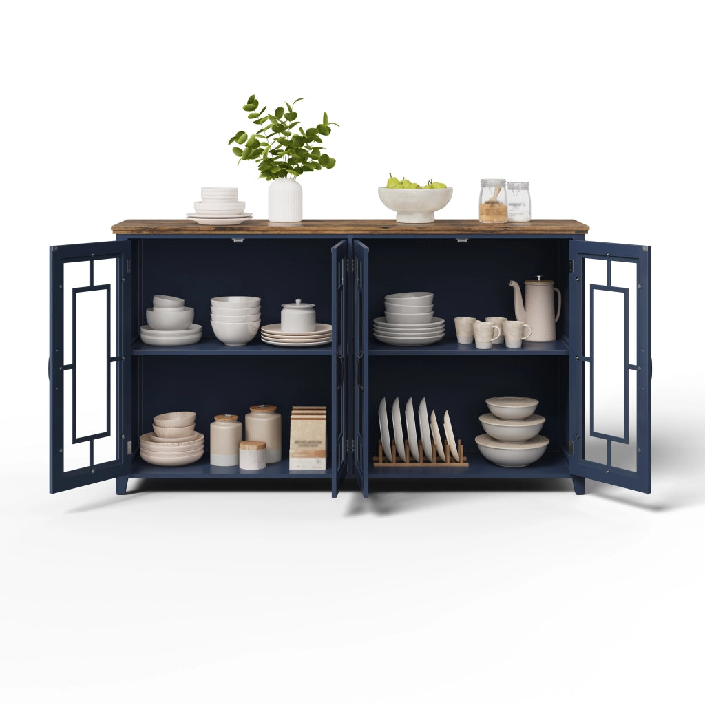 Credenza cucina 160 cm con ante in vetro e piano effetto legno; MDF blu marrone