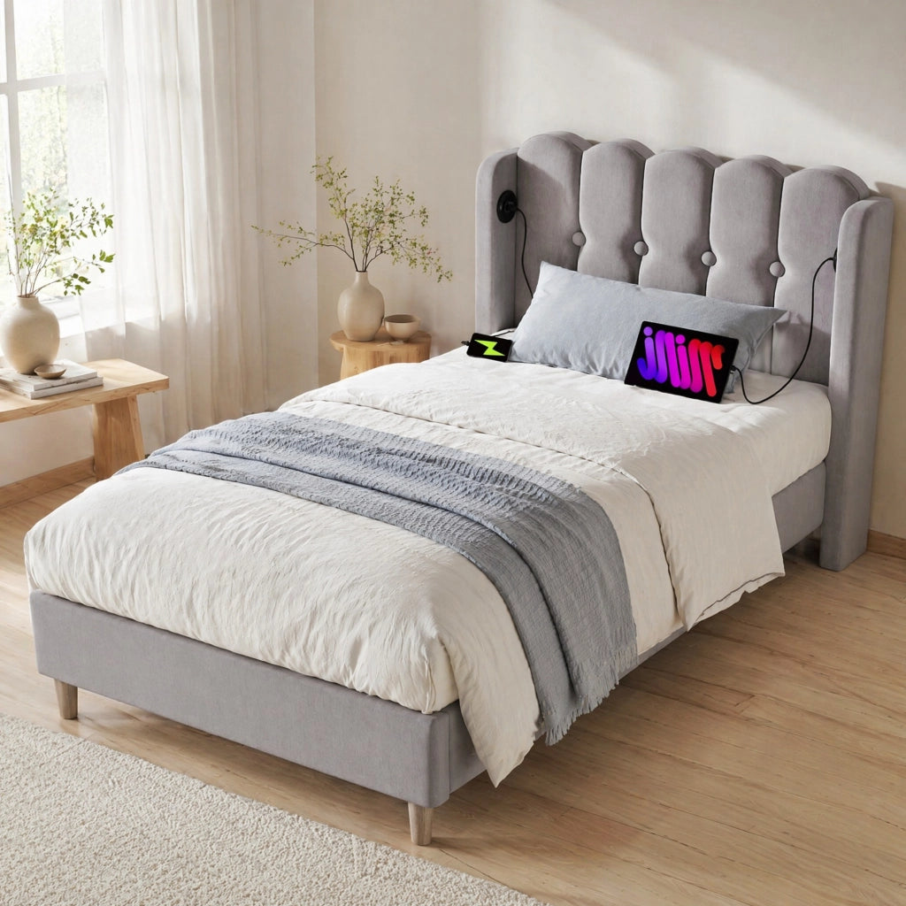Letto singolo 90 × 200 cm con testiera imbottita; porte USB e USB-C; rivestito in lino grigio