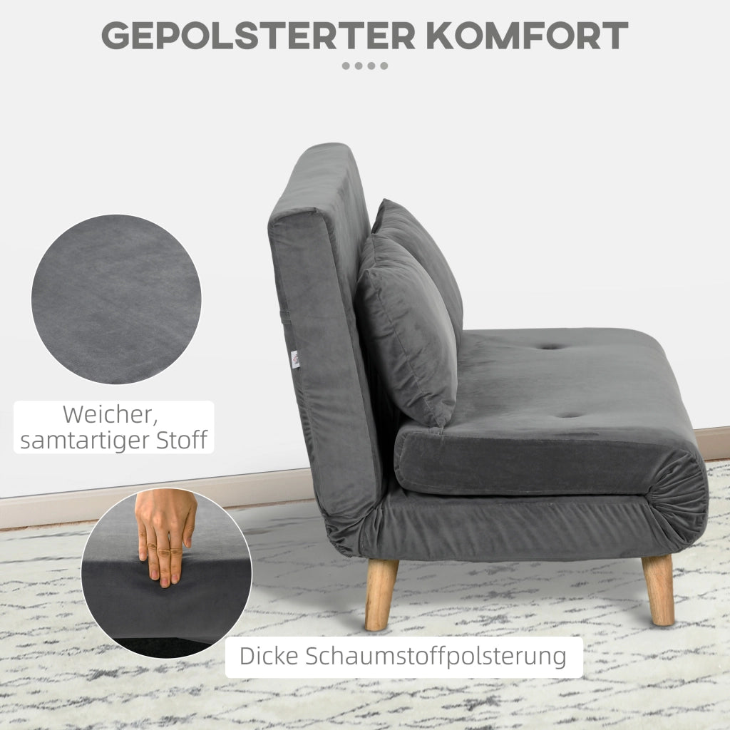 Divano Letto Relax a 2 Posti con 2 Cuscini, Effetto Velluto Grigio, Multifunzionale, Compatto per Casa, 130 x 78 x 79 cm