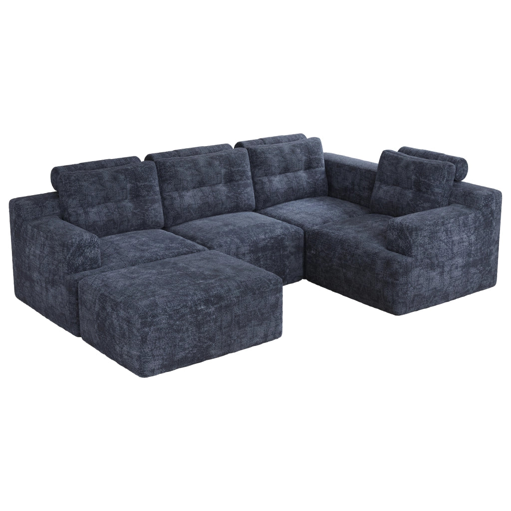 Divano modulare 252x180x82 cm configurabile in ciniglia blu