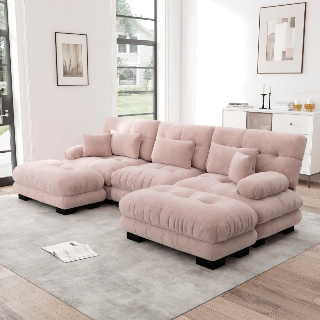 Divano modulare in ciniglia rosa con ottomane mobili; 313×145×81 cm