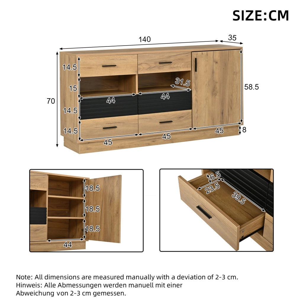 Credenza ULEVR 140x35x70 cm con 6 cassetti e 1 anta, mobile contenitore in MDF effetto rovere