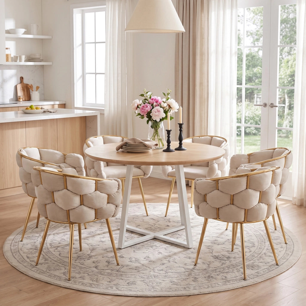 Poltrona moderna in velluto beige con gambe dorate