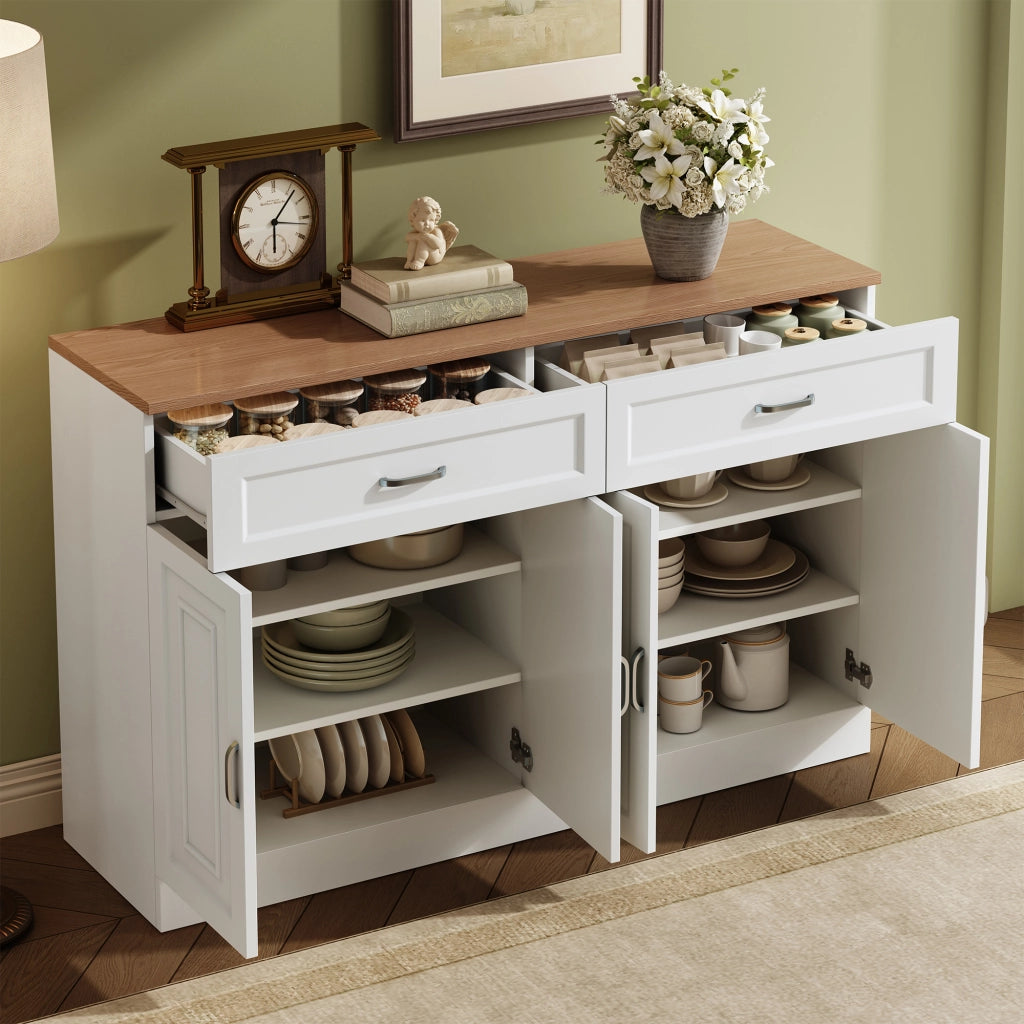 Credenza 120 x 35 x 80,5 cm, 4 ante + 2 cassetti, 2 ripiani regolabili, bianco, cucina
