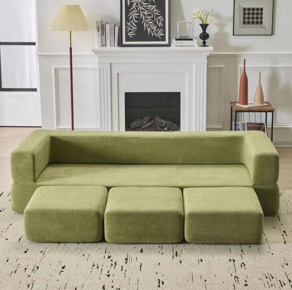 Divano letto da pavimento modulare in chenille verde