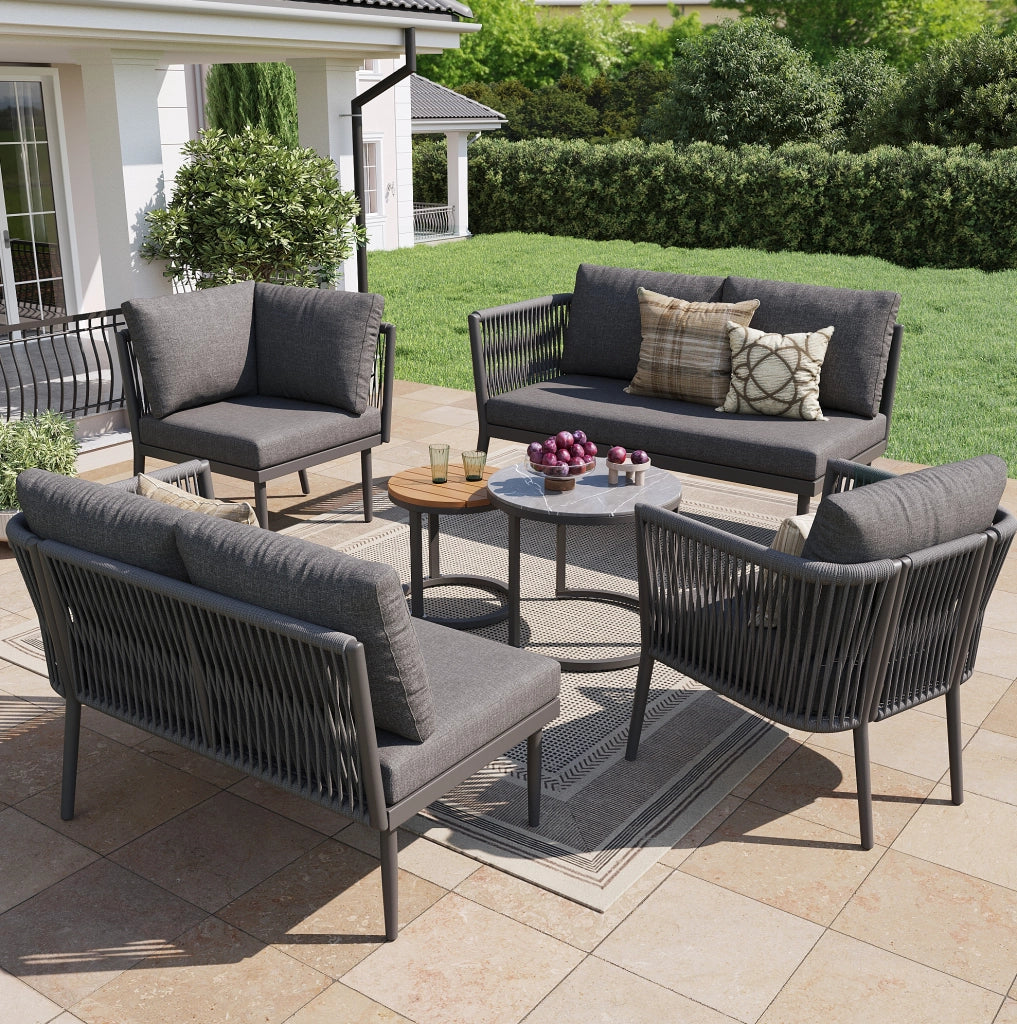 Set Salotto da Esterno Modulare 6 Pezzi per 5-6 Persone con Poltrone in PE Rattan e Tavolini per Giardino, Terrazza o Balcone, Grigio