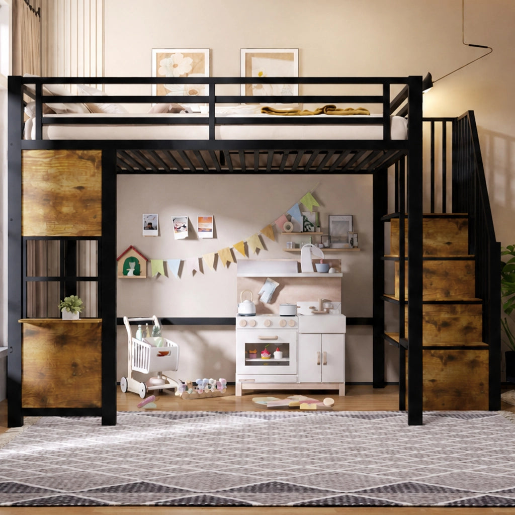 Letto a soppalco 140x200 cm in metallo e MDF nero con scala contenitore