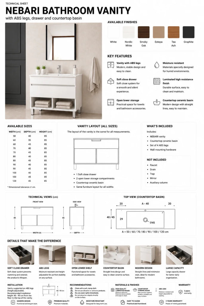 Mobile bagno con piedini con lavabo extrapiano ORIGENBATH NEBARI senza specchio 50x40 cm rovere smoky