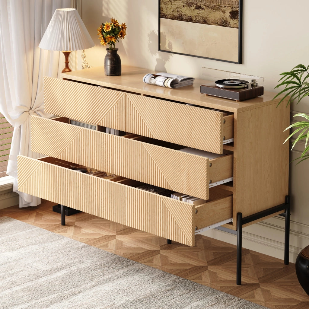 Cassettiera 115.5x38.0x75.0 cm con 6 cassetti e struttura geometrica 3D in MDF naturale