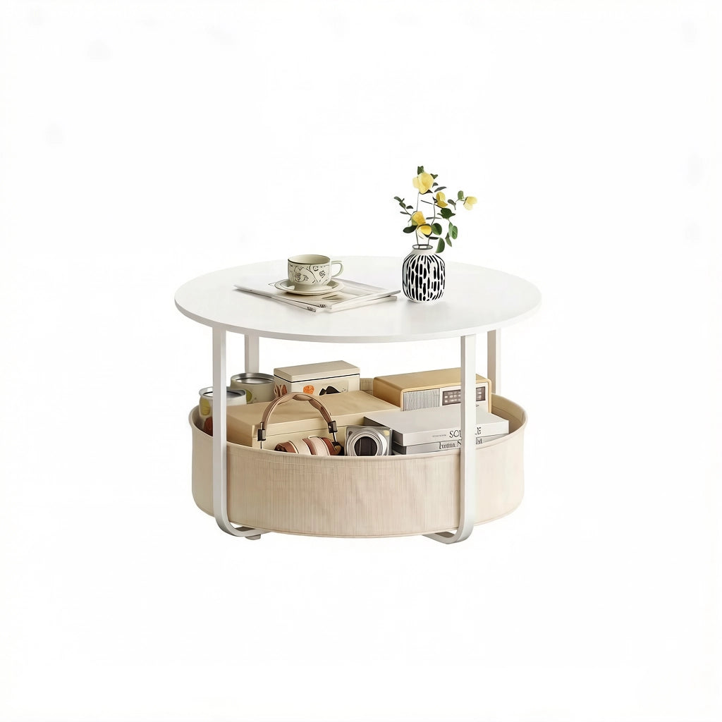 Tavolino basso fisso rotondo con cesto in tela rimovibile struttura in metallo beige e bianco Ø 80 × 50 cm