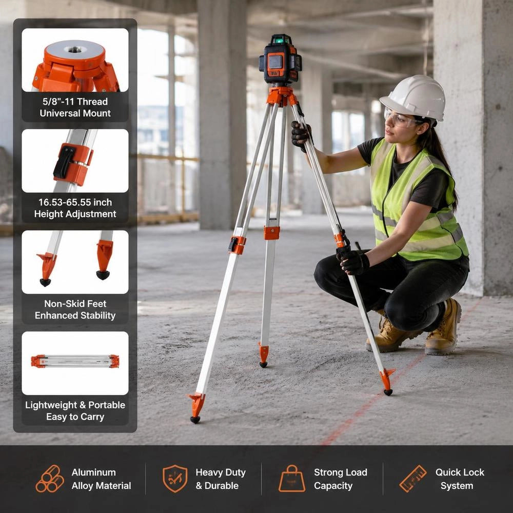 Laser Level Tripod, 5/8"-11 Thread Mount, 16.53-65.55 Inch Height Adjustment, Heavy-duty Surveying Tripod For Construction Laser Level Scanners, Retractable Legs, Non-slip Feet, Professional