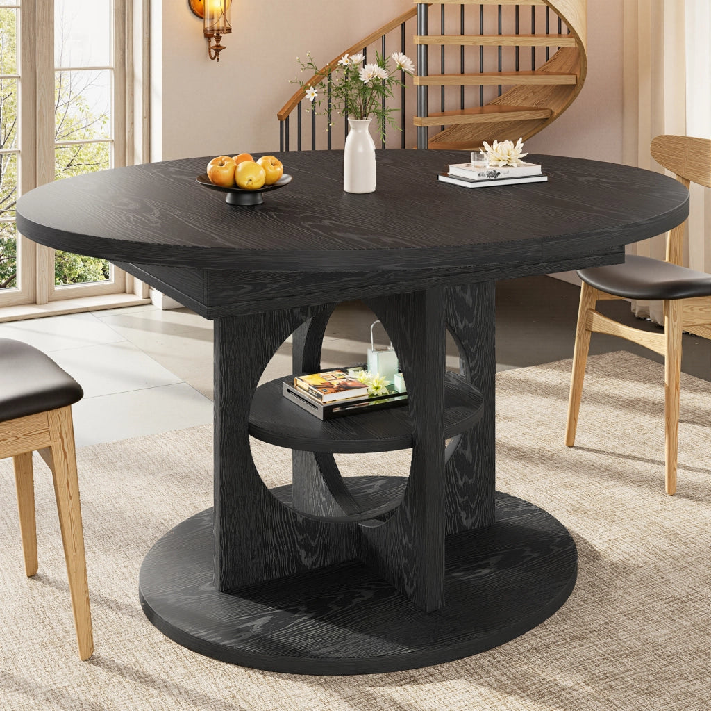 Tavolo da pranzo estensibile ULEVR 110-150 cm rotondo e ovale con ripiano integrato, MDF e metallo nero