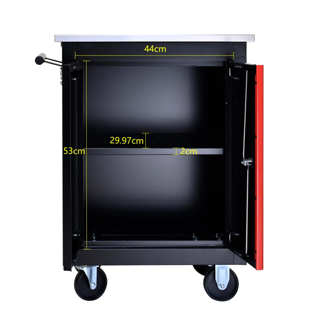 Carrello porta attrezzi multifunzione a due ante in acciaio nero e rosso con ruote e serratura
