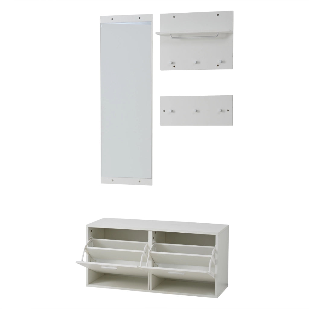 Mobile da ingresso 4 pezzi con specchio, scarpiera a 4 ripiani e 6 ganci, in truciolare, bianco, 90 × 30 × 41,5 cm