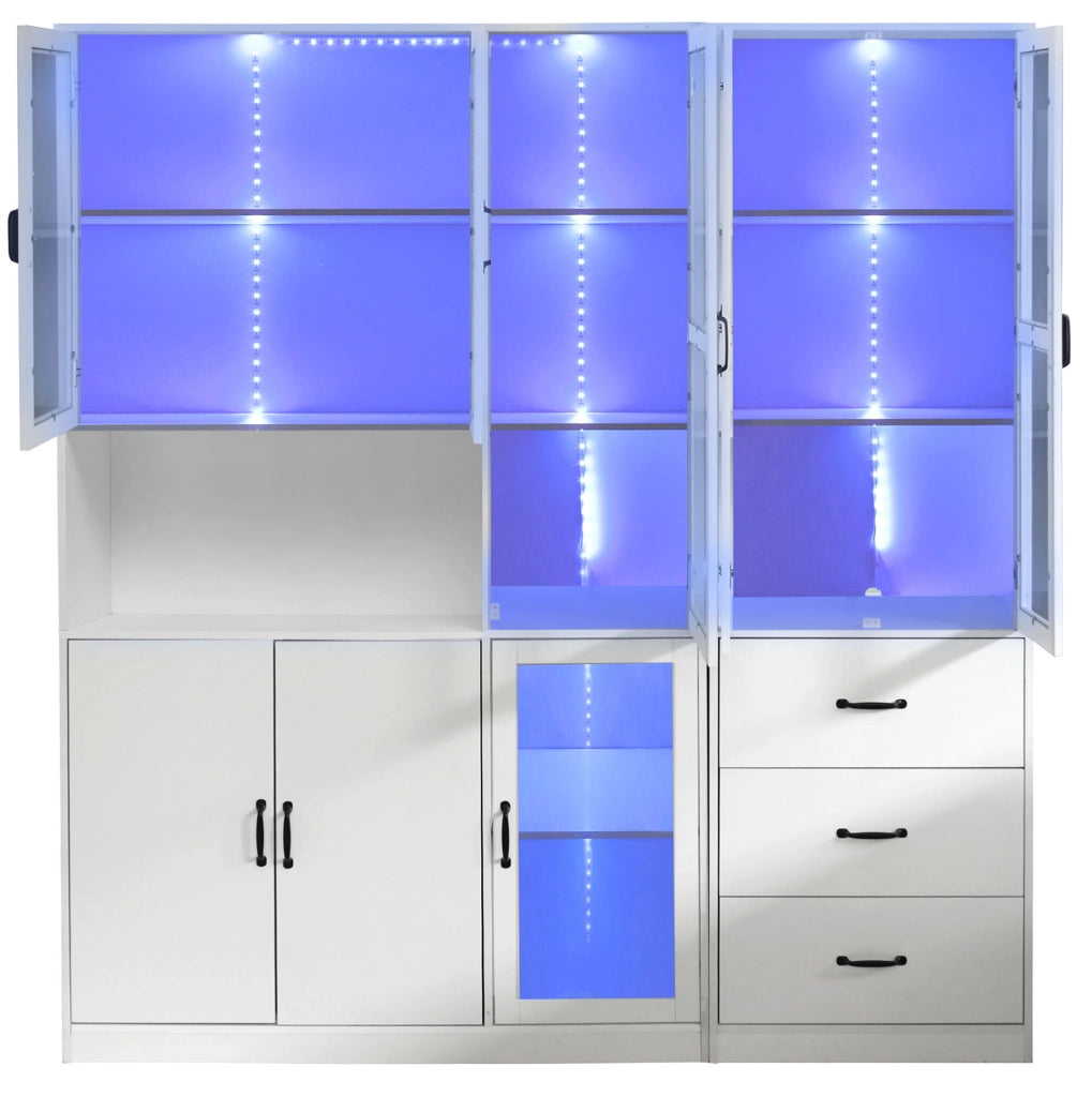 Set vetrina combinato bianco con LED, 8 ante e 3 cassetti