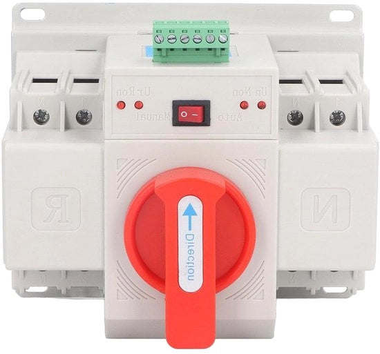 Schaltatore automatico a doppia alimentazione - 230V - 2P - Scambio automatico - Comando manuale - Manigliale di trasferimento - Adatto per 63A - Scambio affidabile e sicuro.