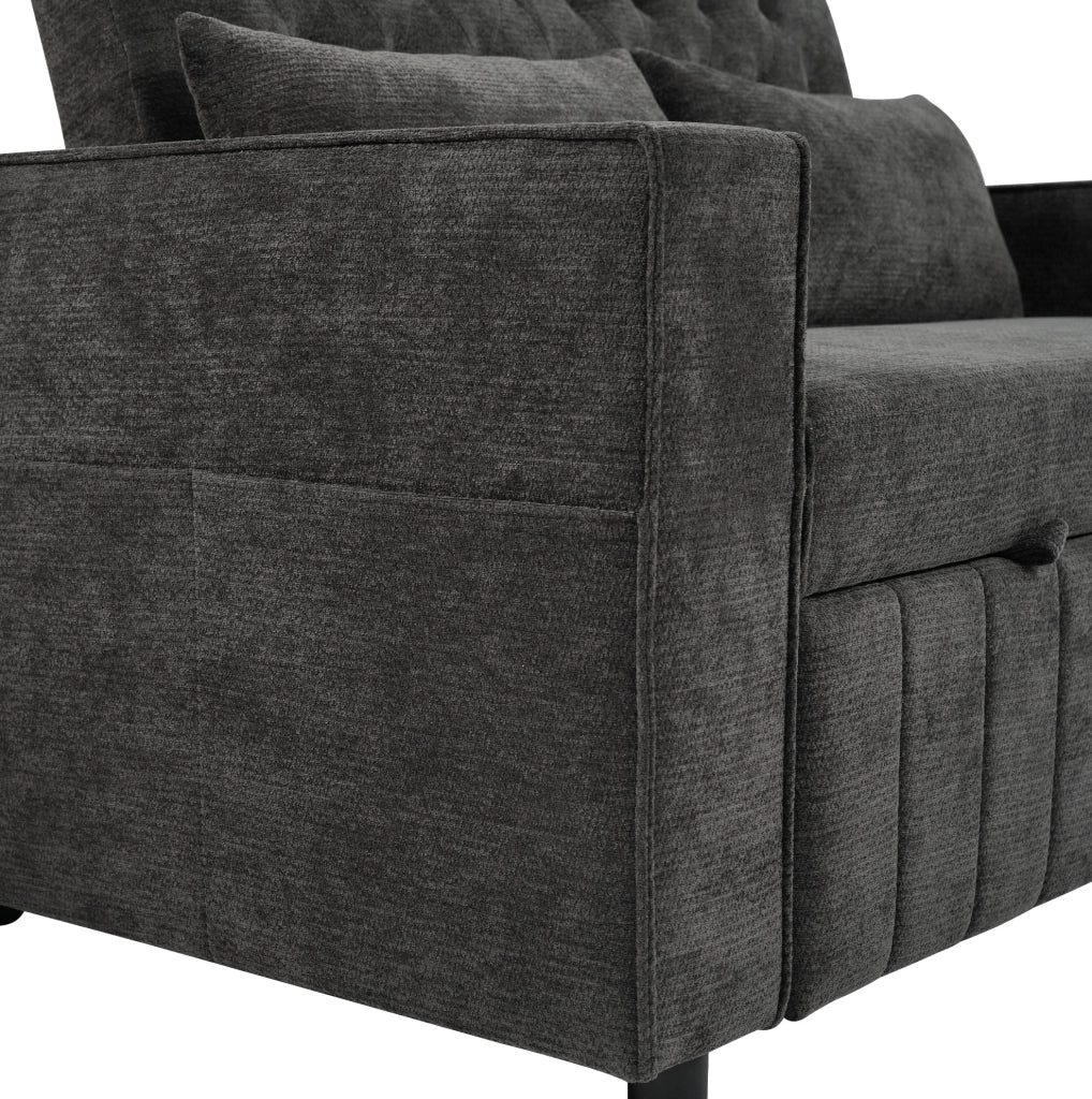 Divano letto multifunzionale 2 posti in tessuto chenille con schienale regolabile, porta bevande e porta USB, grigio