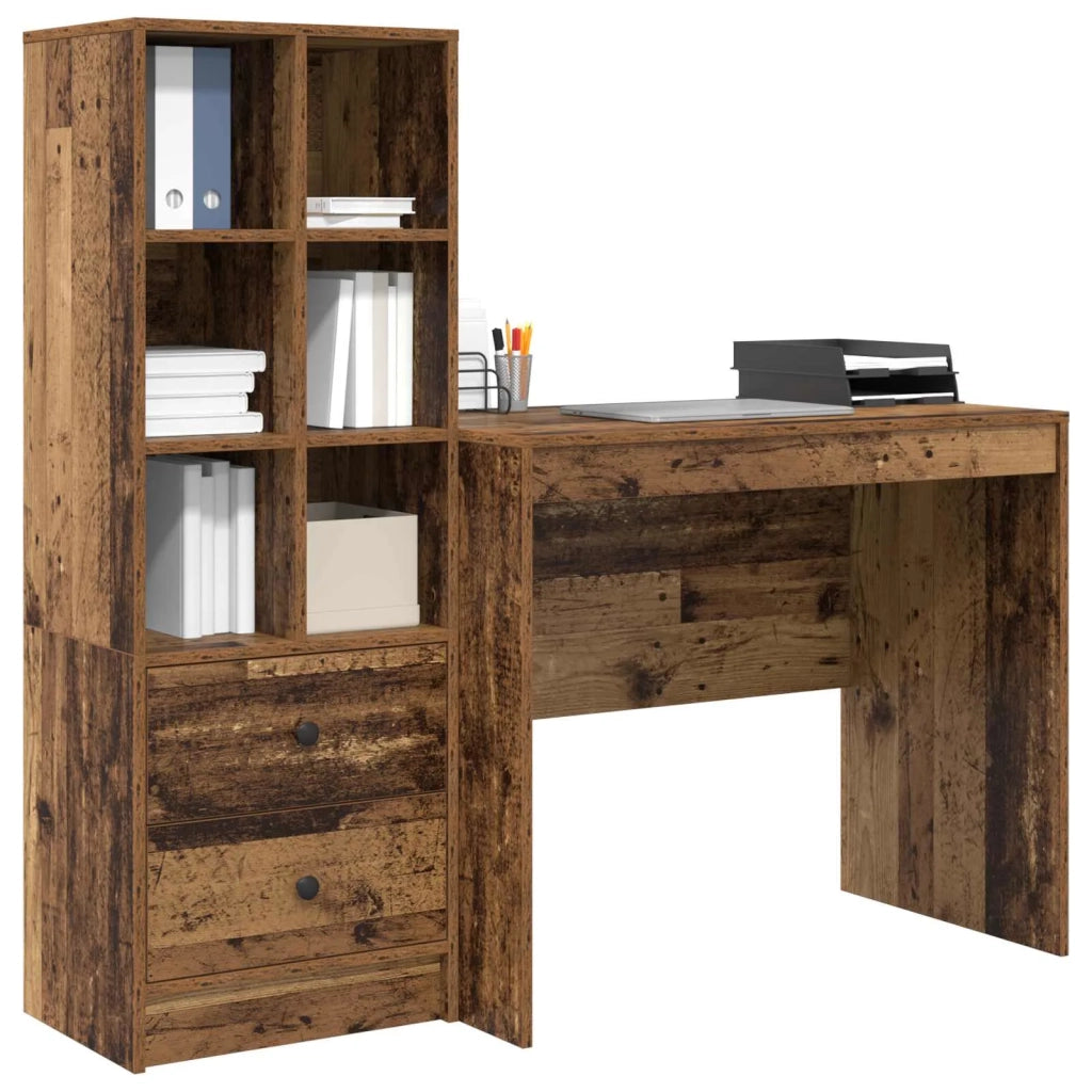 Scrivania | Tavolo da Ufficio con cassetto con lo scaffale 2 pz Legno vecchio