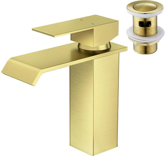 Fissaggio per doccia a cascata, rubinetto per lavabo con impianto di scarico, rubinetto per doccia con altezza di scarico 10,7 cm, rubinetto ad alta pressione per lavabo da bagno, finitura liscia oro.