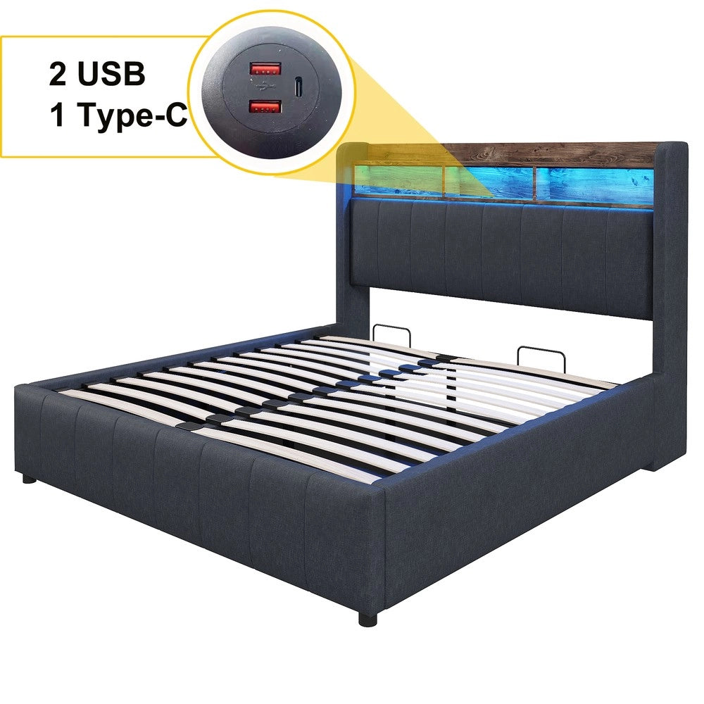 Letto Imbottito Contenitore Matrimoniale con LED ¨C Xylo ¨C Tessuto Grigio, Idraulico, 160x200