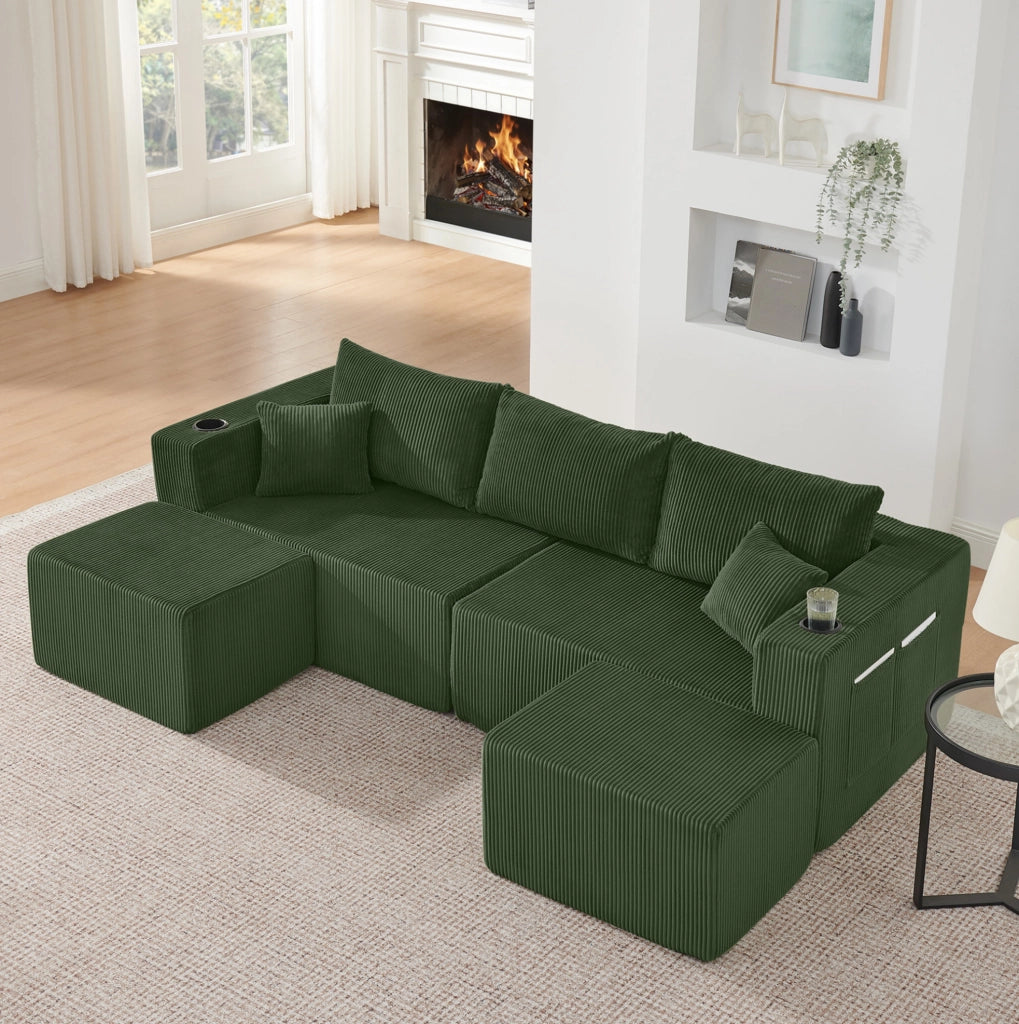 Divano angolare modulare 3 posti in tessuto vellutato beige con pouf mobili, portabicchieri e tasche laterali