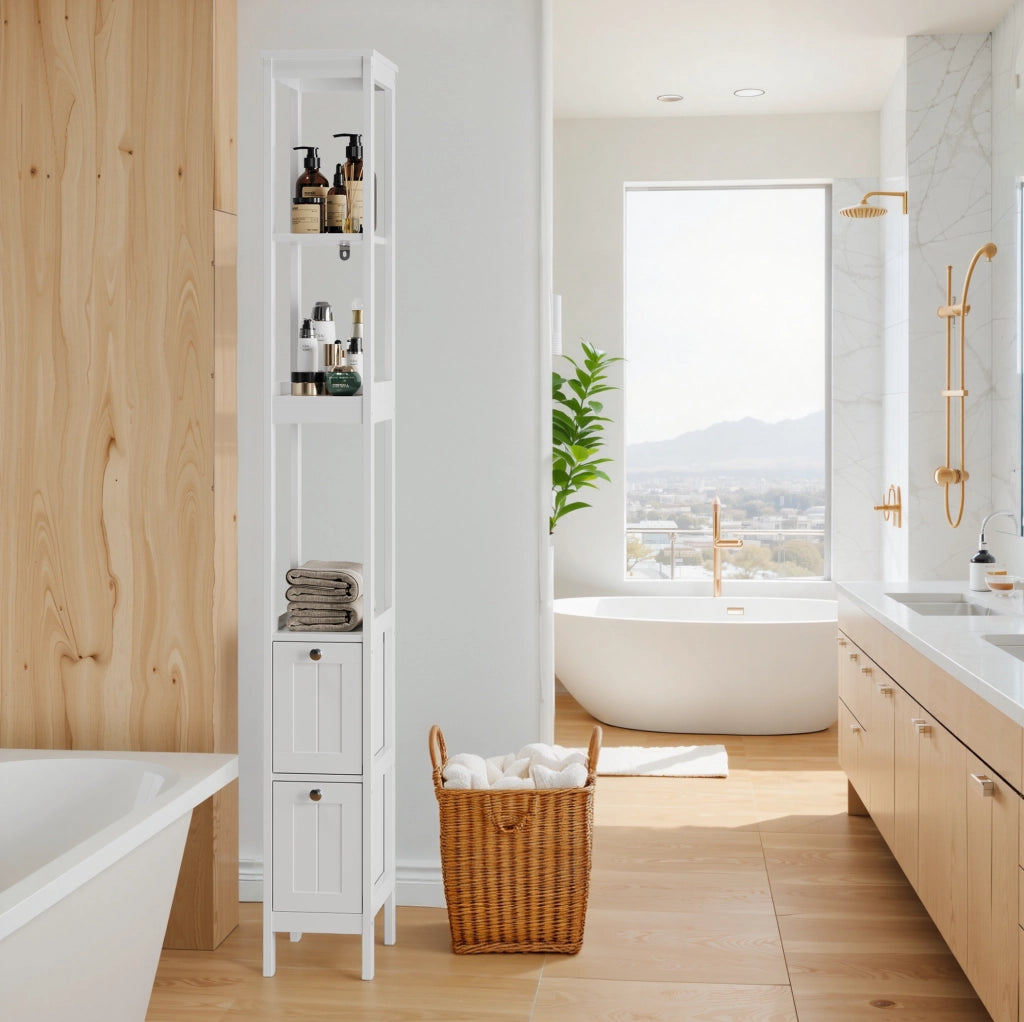 Mobiletto da bagno stretto 20x30x160 cm con 2 cassetti e 3 ripiani in MDF bianco