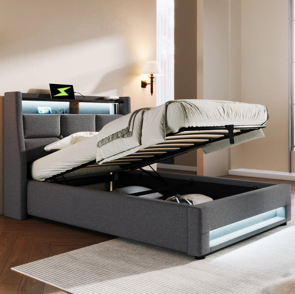 Letto imbottito 90x200 cm con LED, USB e contenitore in lino grigio