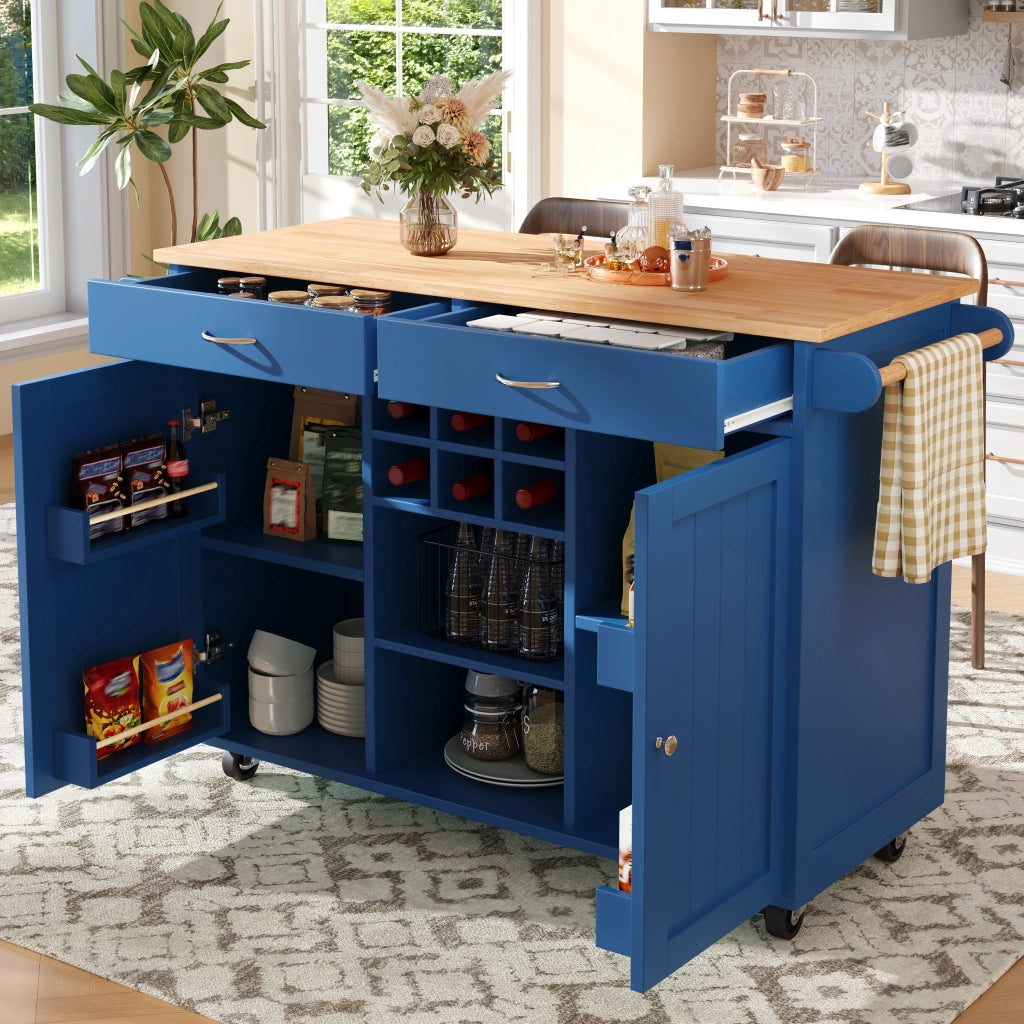 Mobile base da cucina con ruote bloccabili portabottiglie e ripiani laterali MDF blu 102 × 45 × 92 cm