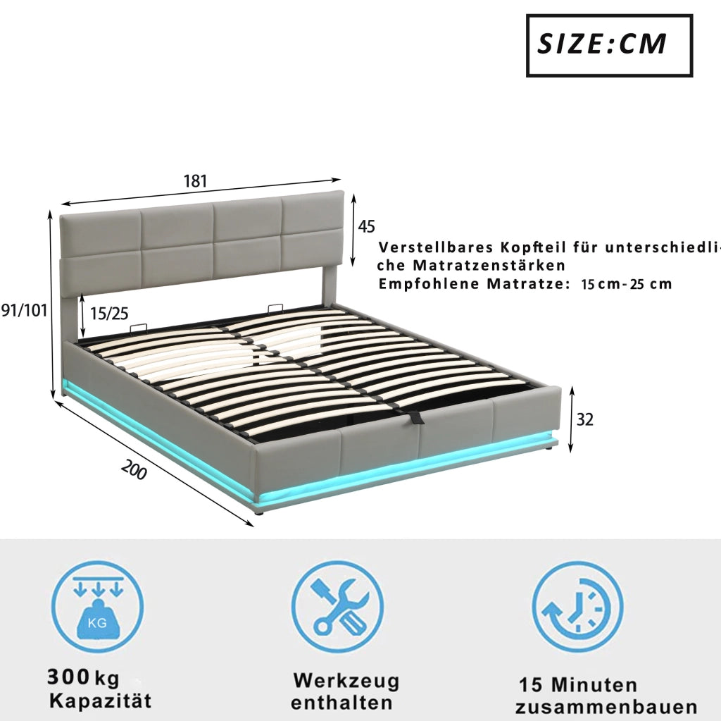 Letto 180x200 cm con contenitore idraulico, LED e rivestimento in similpelle grigio cemento