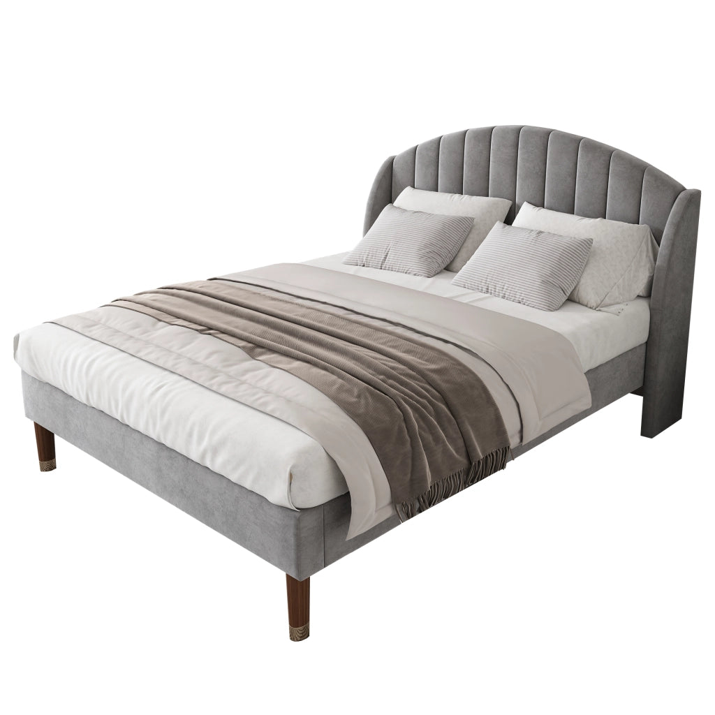 Letto matrimoniale imbottito 140×200 cm 2 posti con testiera alta; senza materasso; in velluto grigio