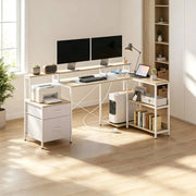 Scrivania angolare bianca con LED RGB, prese e 2 cassetti