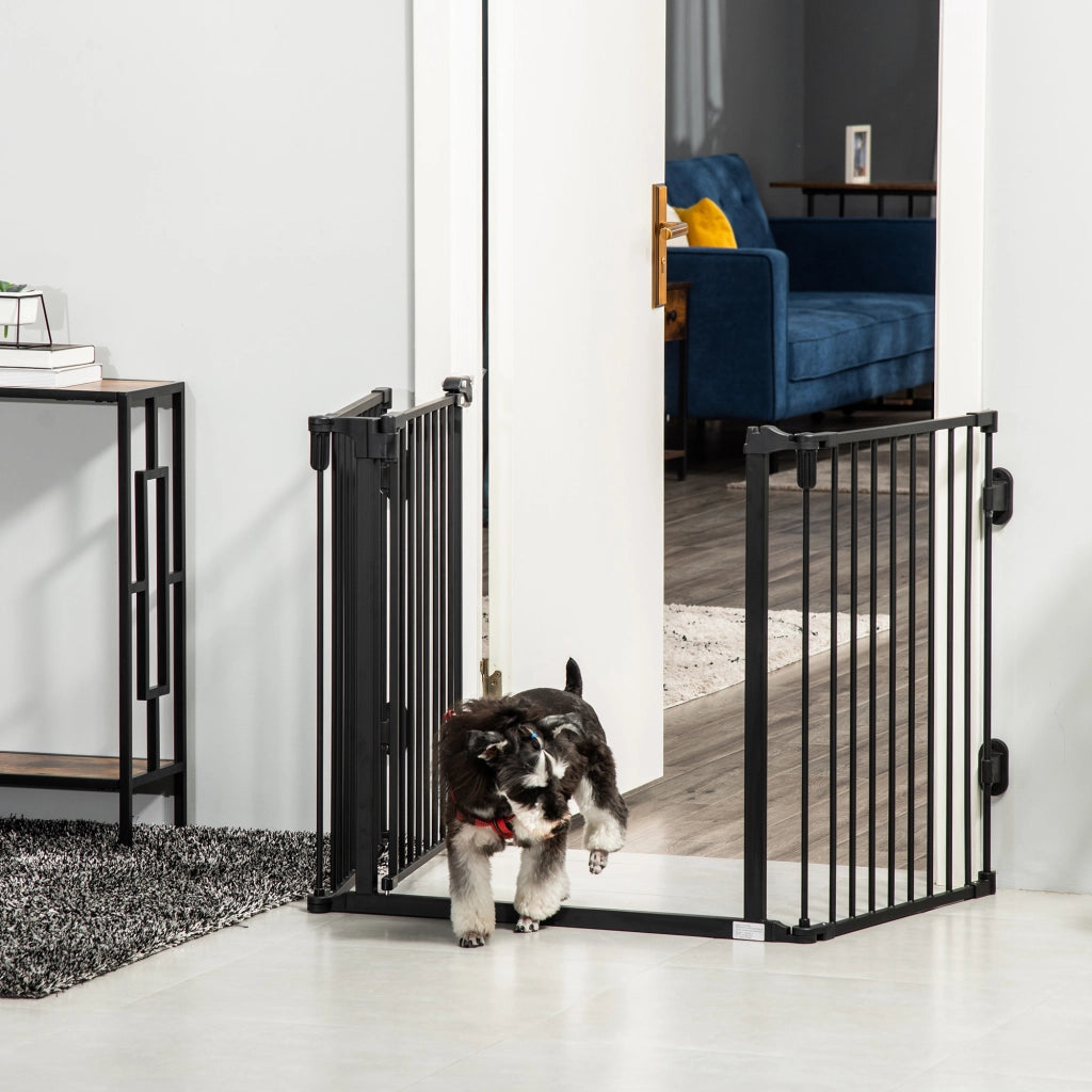 Cancelletto per cani a 3 pannelli con porta a chiusura automatica pieghevole in plastica nero 202.5 × 2 × 76 cm