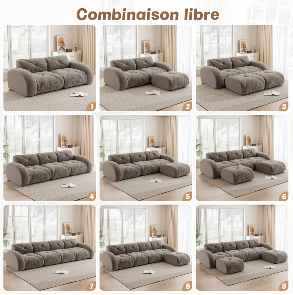 Divano modulare 2 posti taupe con 2 pouf, rivestimento in chenille senza struttura