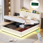 Letto imbottito beige 160x200 cm con LED, USB e vano contenitore