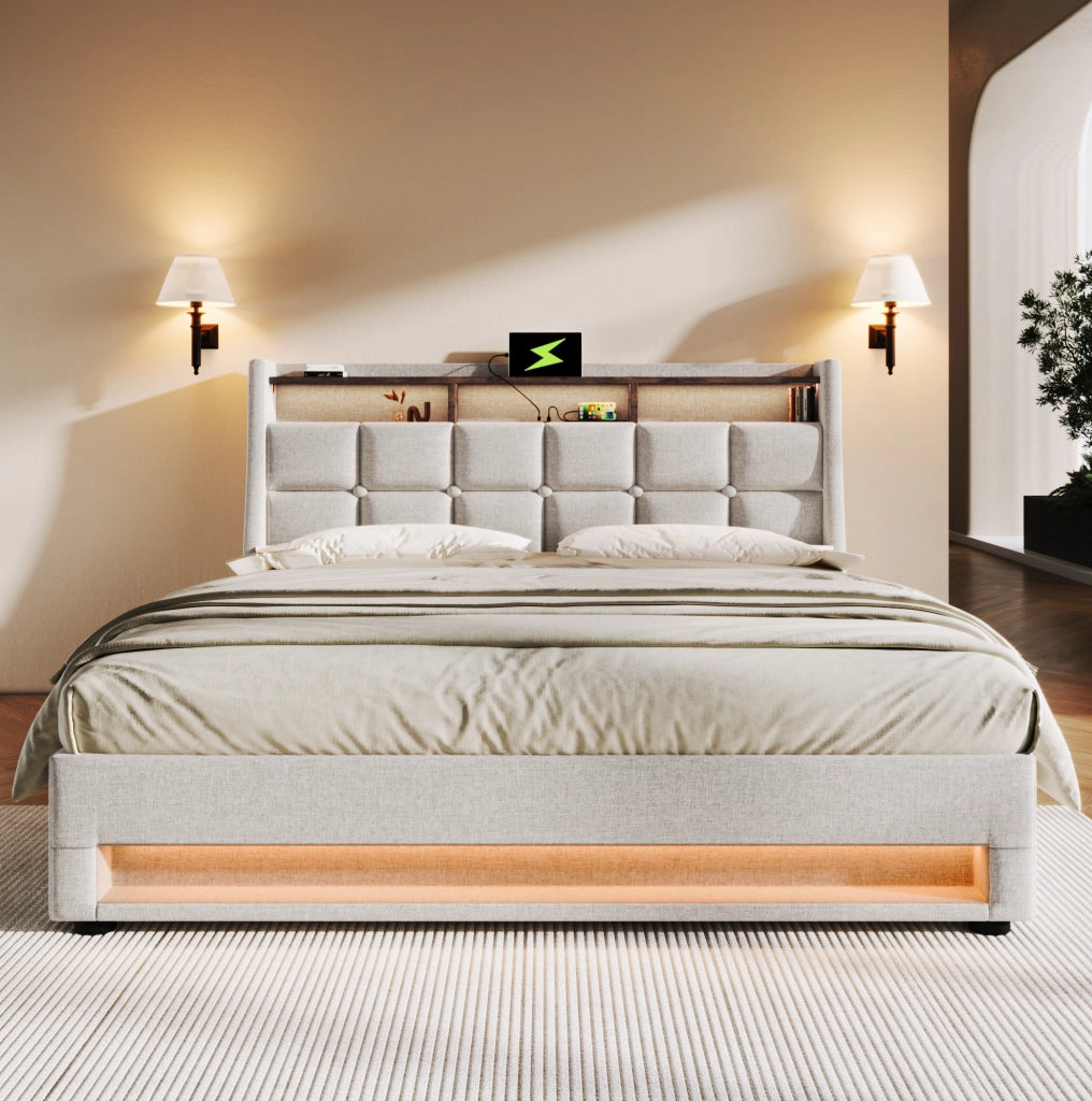 Letto imbottito beige chiaro 140 x 200 cm con LED, USB e contenitore