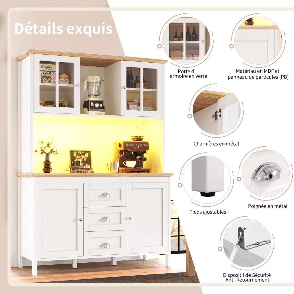 Credenza alta con LED; 4 ante; 3 cassetti e vano aperto in MDF e metallo bianco 120 × 40 × 179 cm