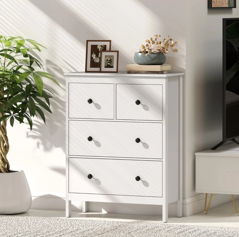 Cassettiera 74x35x97 cm a 4 cassetti in truciolare bianco con maniglie nere