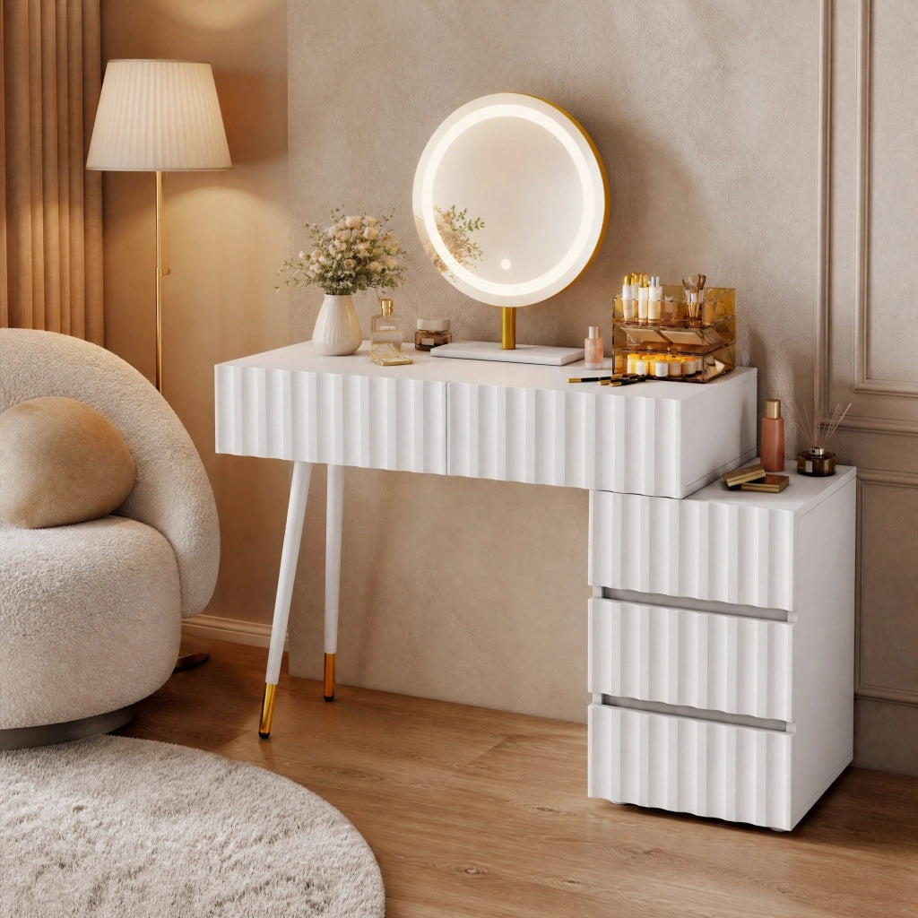 Toeletta bianca con specchio LED, 5 cassetti e mobile laterale