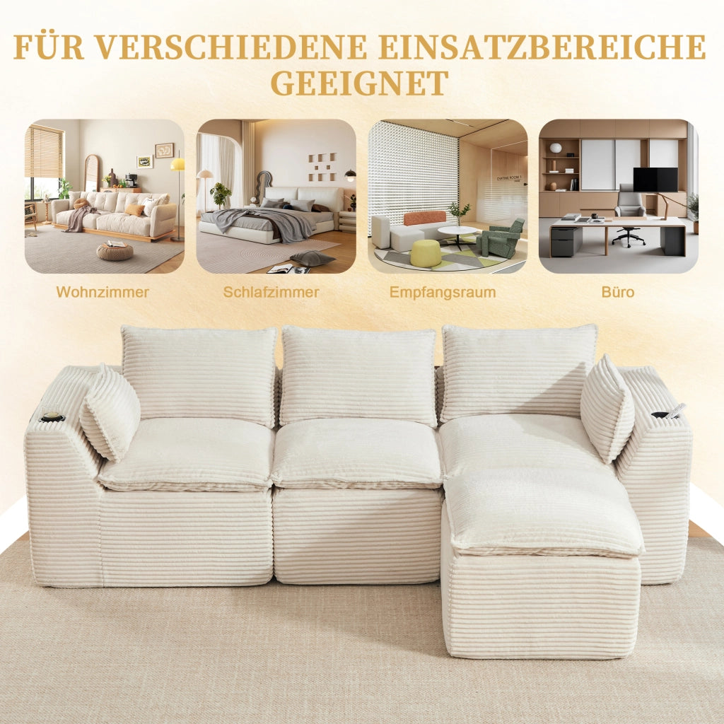 Divano modulare 3 posti - con cuscini e tasche laterali - in corduroy beige